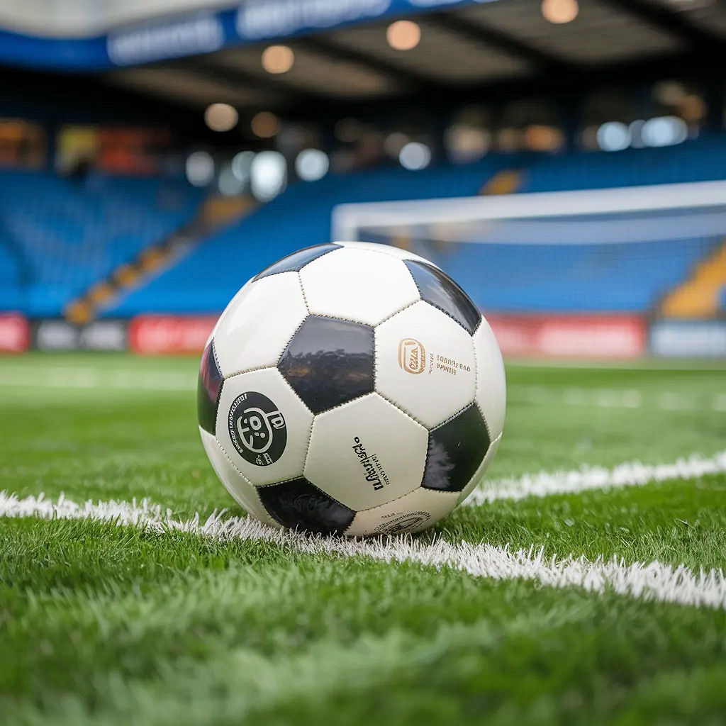 Soccer ball resting on a green pitch before kickoff